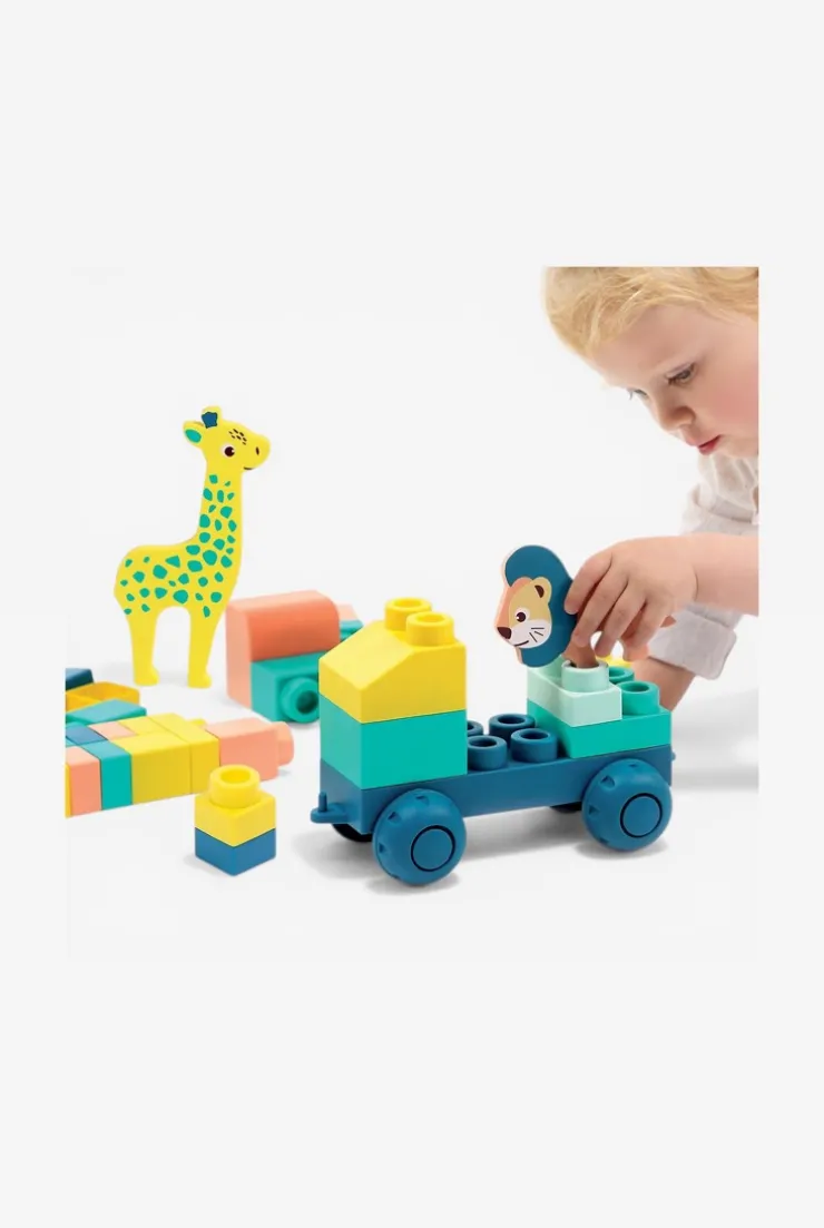 Baril BRIQUI 53 briques avec 1 véhicule et 2 animaux en mousse Ludi