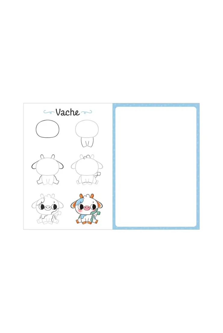 Livre Album Animaux Kawaii, méthode de dessin et coloriages, pochette 5 feutres pailletés et 1 crayon à papier
