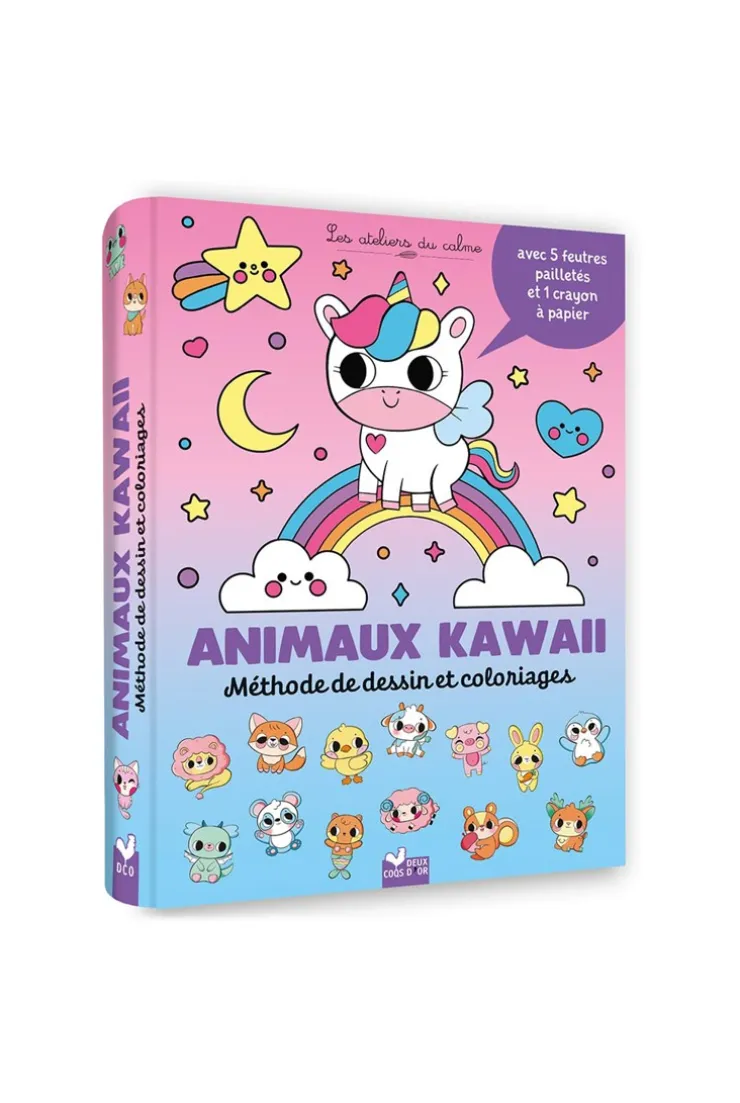 Livre Album Animaux Kawaii, méthode de dessin et coloriages, pochette 5 feutres pailletés et 1 crayon à papier