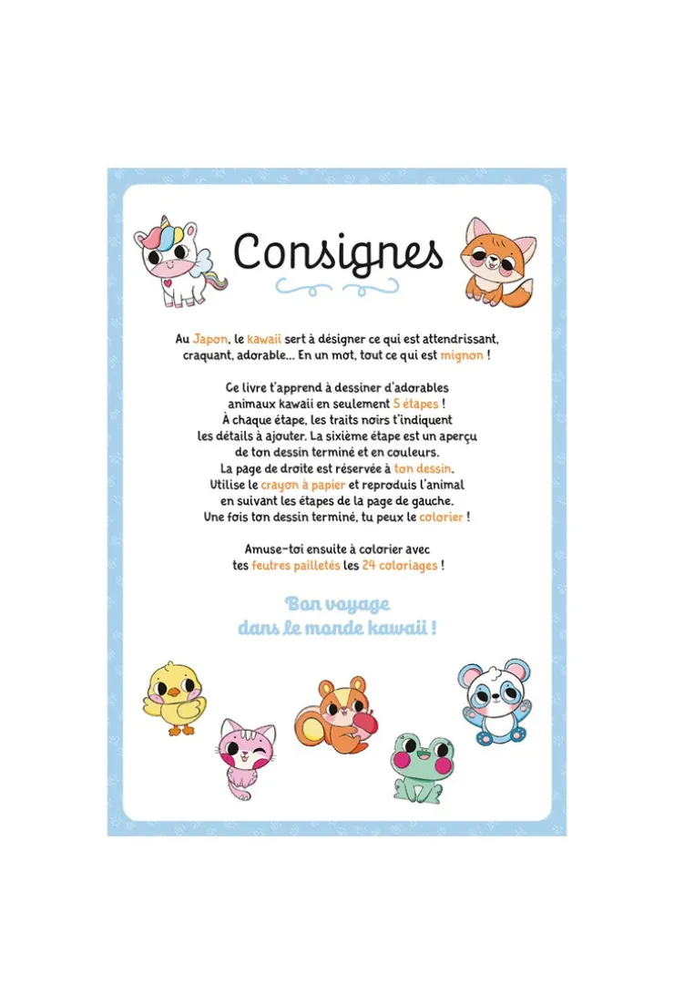 Livre Album Animaux Kawaii, méthode de dessin et coloriages, pochette 5 feutres pailletés et 1 crayon à papier