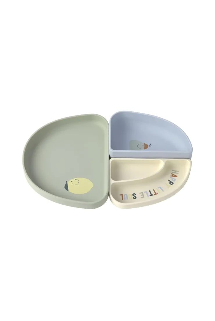 LÄSSIG Set de vaisselle en silicone 3 pcs Citron Happy Fruits, Bleu, kaki clair, écru