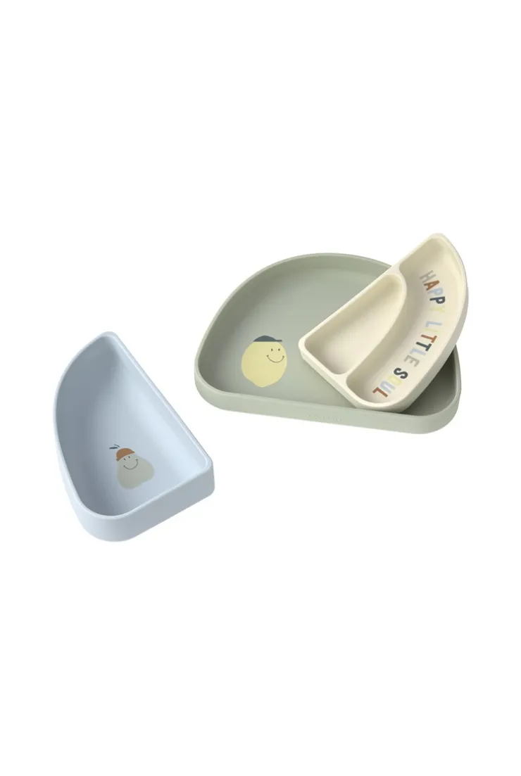 LÄSSIG Set de vaisselle en silicone 3 pcs Citron Happy Fruits, Bleu, kaki clair, écru