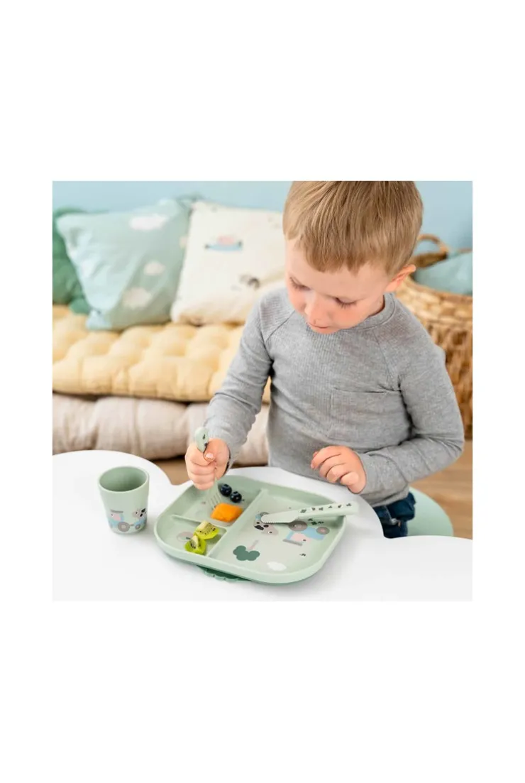 Set repas 4 pièces assiette compartimentée, gobelet, couverts