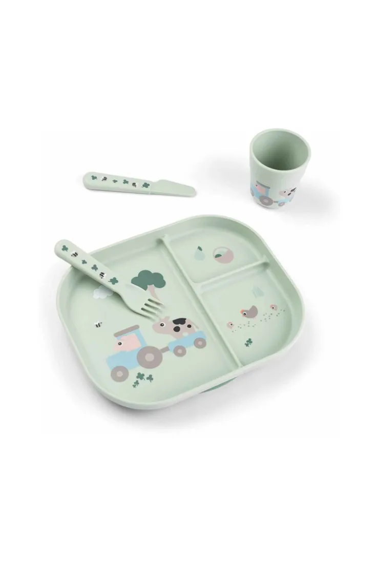 Set repas 4 pièces assiette compartimentée, gobelet, couverts